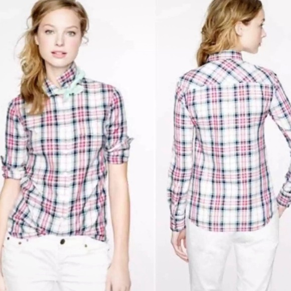 J. Crew Tops - J.Crew Women 00 Mint Strawberry Plaid Cotton Preppy Button Front Boy Shirt